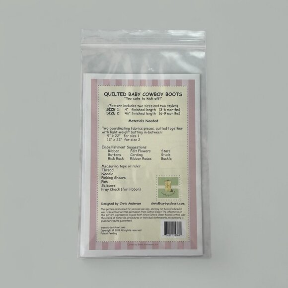 Curby's Closet Quilted Baby Cowboy Boots Pattern 115 FF Uncut 2011 - Picture 3 of 3